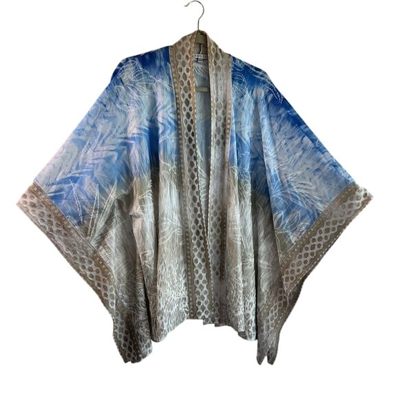 Adore Large Kimono Poncho Shawl Blue Beige Coastal Burn Out Velvet Boho - Picture 1 of 12